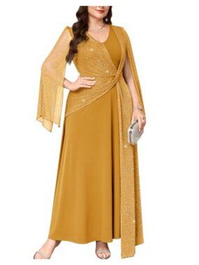 Plus Size Formal Maxi Dress Cape Sleeve V Neck Ruched Waist Evening Gown